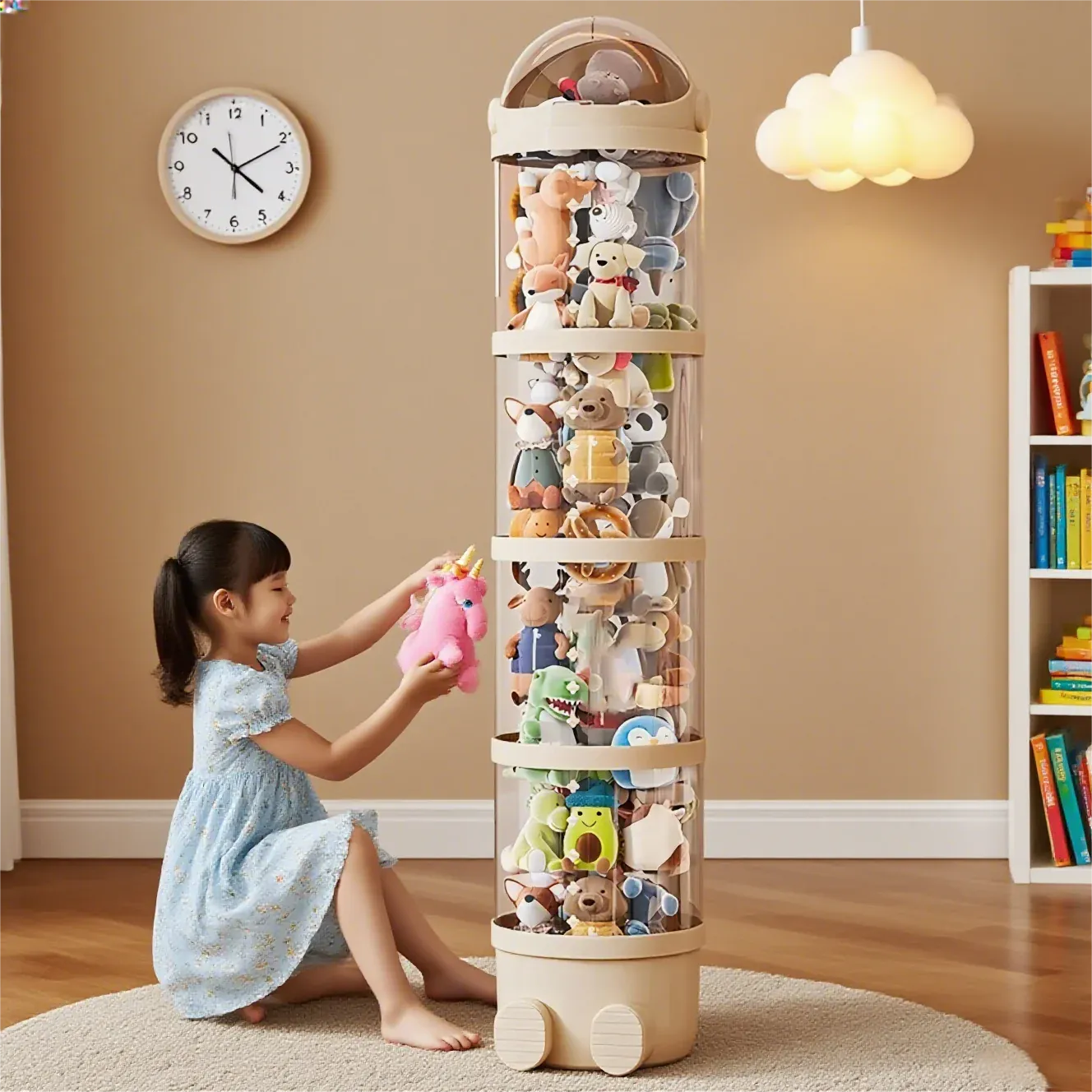 Clear Stuffed Animal Storage Tube | Stackable Toy Organiser | Beige & Pink