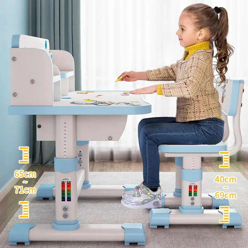 Kids Height-Adjustable Study Desk & Chair Set | Cartoon Design | Pink & Blue | Ages 3–18
