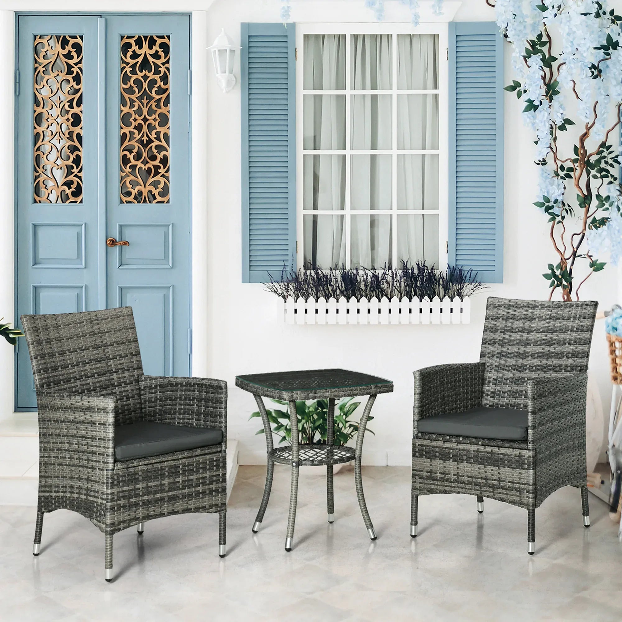 3-Piece Rattan Bistro Set — Wicker Garden Chairs & 2-Tier Coffee Table for Patio & Balcony