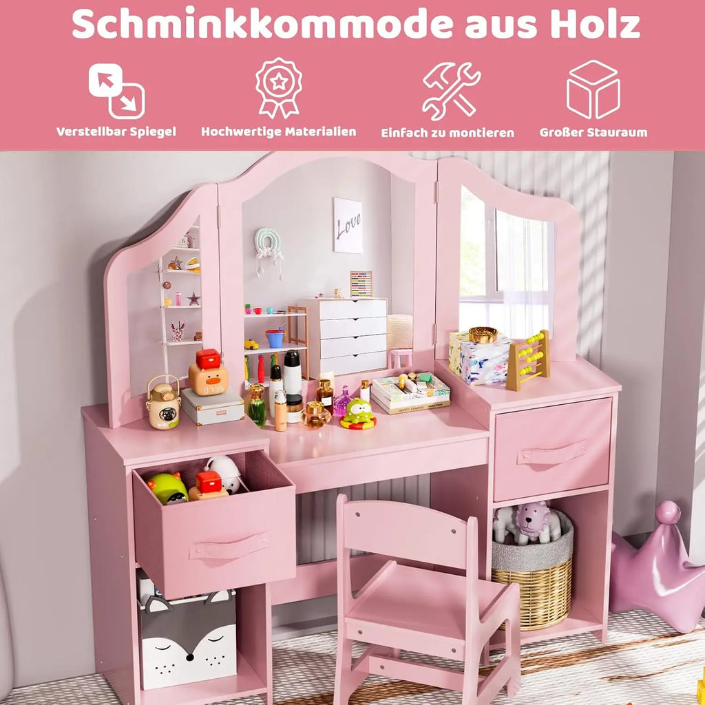 Children's Dressing Table & Chair Set | Girls Vanity Desk with Mirror | Pink