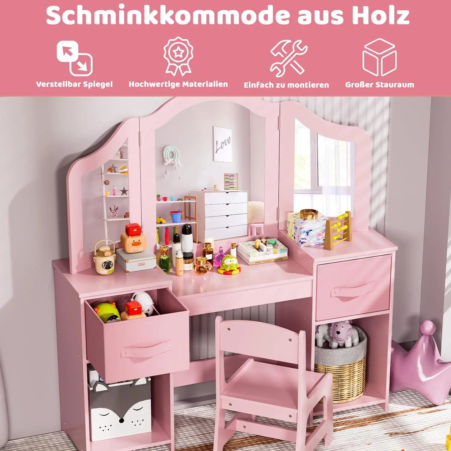 Children's Dressing Table & Chair Set | Girls Vanity Desk with Mirror | Pink