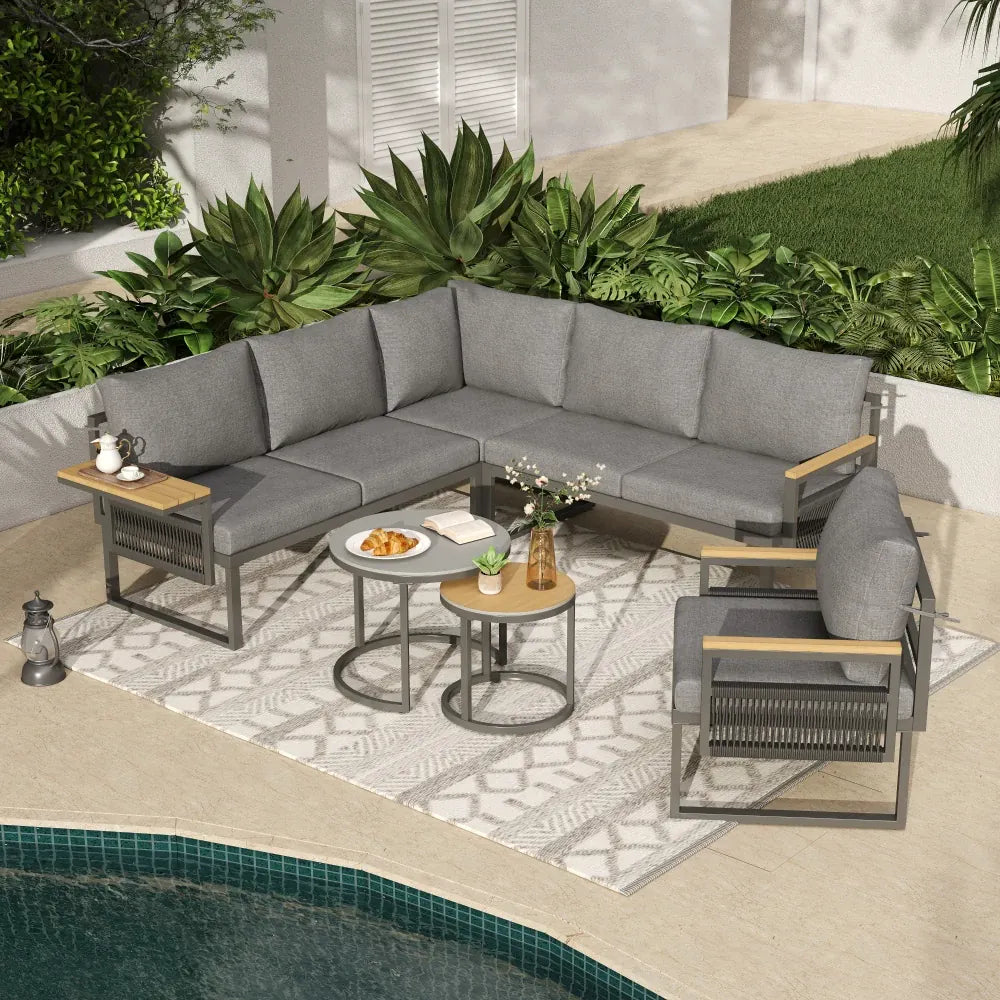 5-6 Seater Garden Furniture Set, Rope Woven Outdoor Corner Sofa with Matching Armchair, 2 Nesting Tempered Glass Coffee Tables