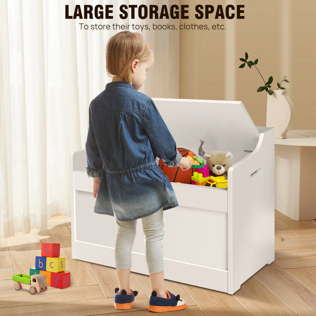 Kids Wooden Toy Box & Storage Bench with Lid | Soft-Close Safety Hinges | White MDF