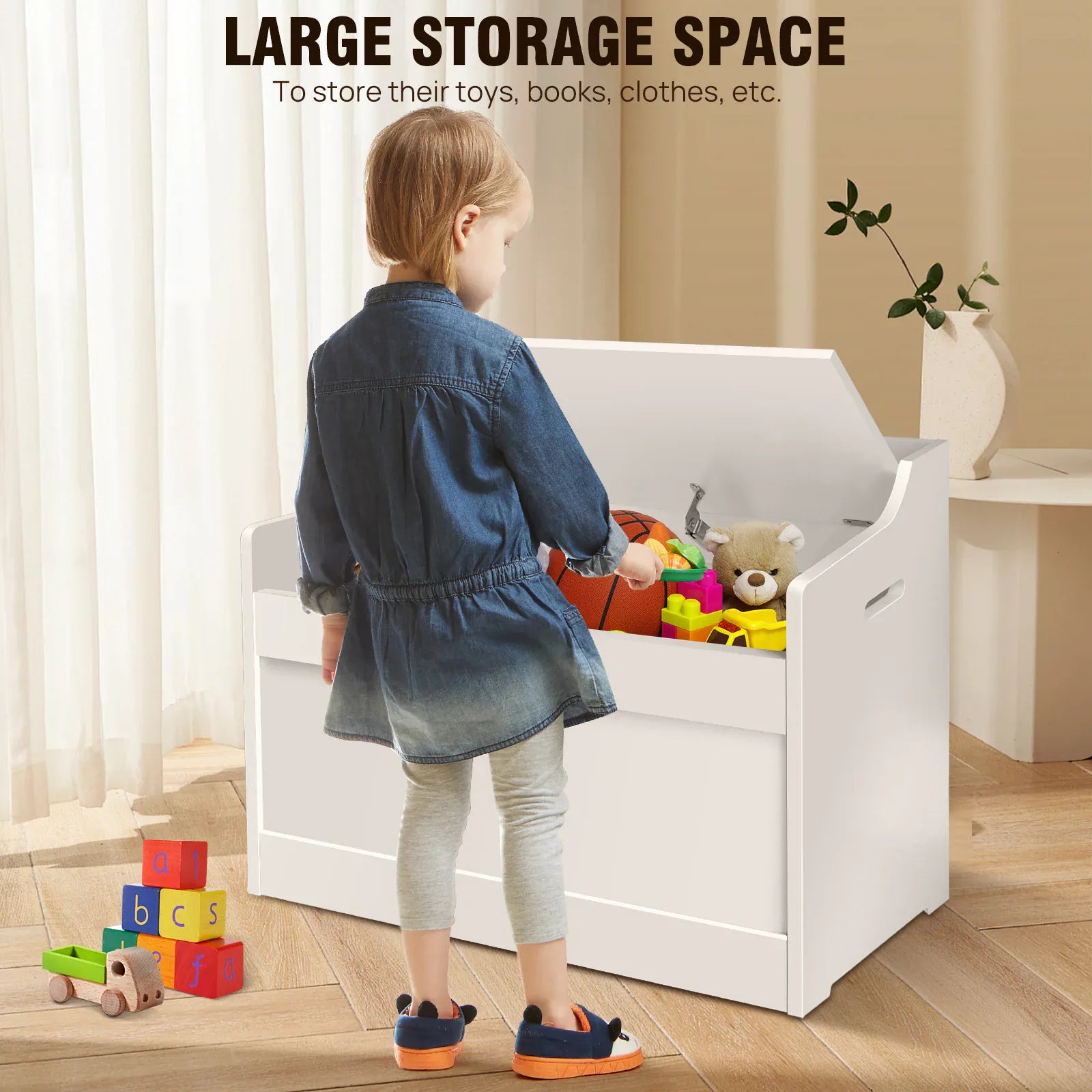 Kids Wooden Toy Box & Storage Bench with Lid | Soft-Close Safety Hinges | White MDF