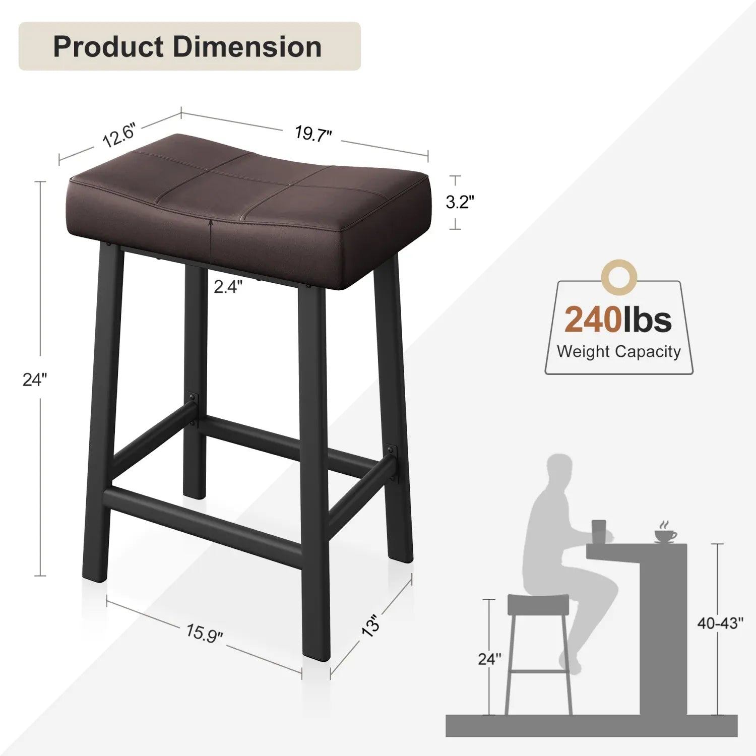 Bar Stools Set of 2 — Backless Saddle Counter Stools in PU Leather for Kitchen & Bar