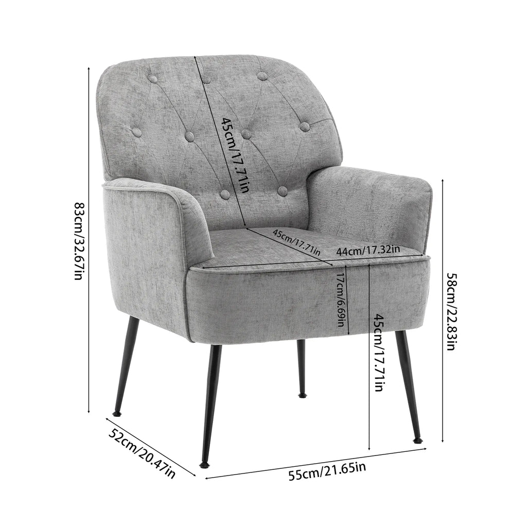 Modern Classic Upholstered Lounge Chair — Chenille Fabric, Button Detail, Grey, Beige or Yellow