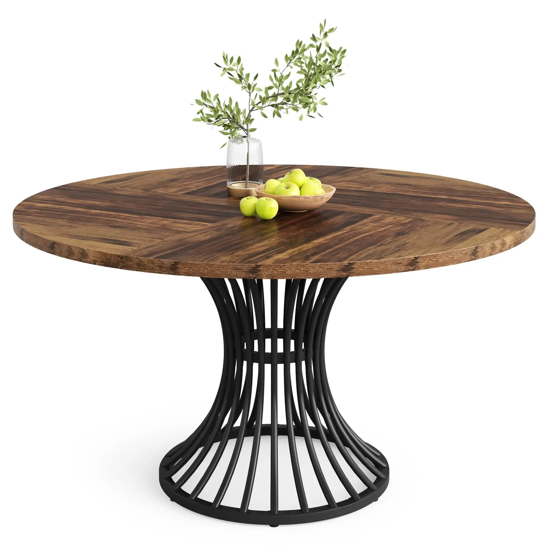 Round Dining Table for 4–6 — 47 Inch Farmhouse Circle Table with Hourglass Metal Base
