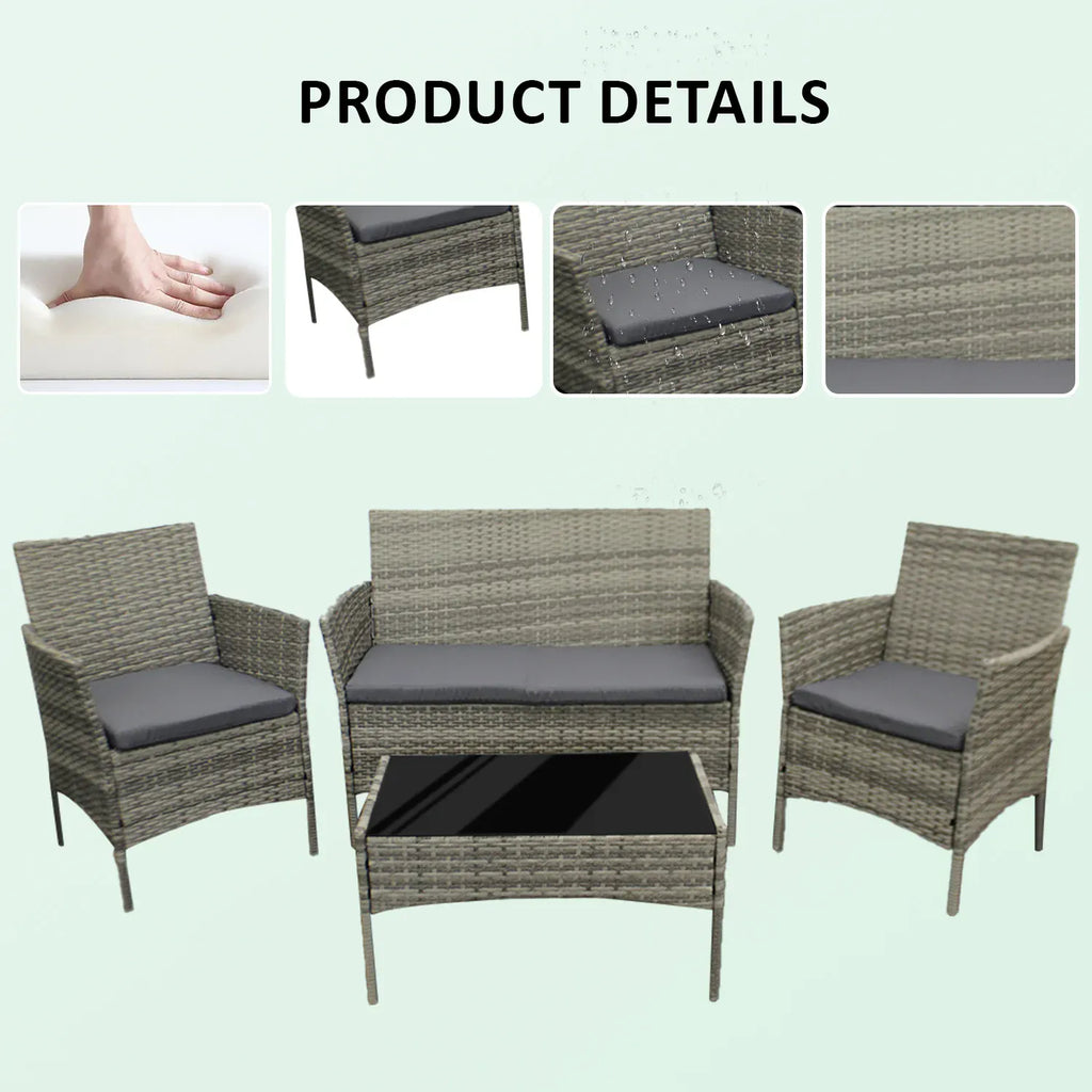 4-Piece Rattan Garden Furniture Set — Sofa, 2 Armchairs & Coffee Table with Cushions
