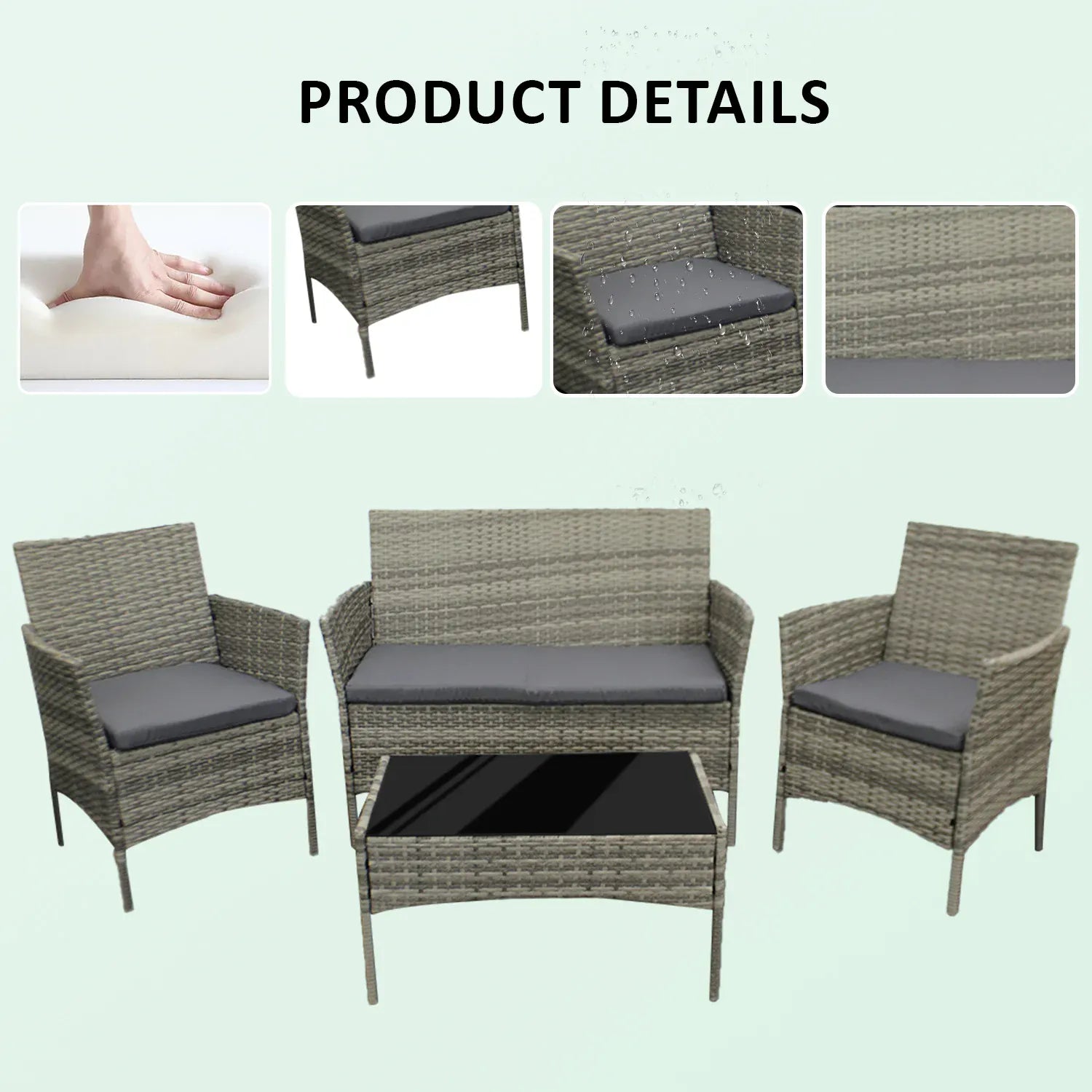 4-Piece Rattan Garden Furniture Set — Sofa, 2 Armchairs & Coffee Table with Cushions