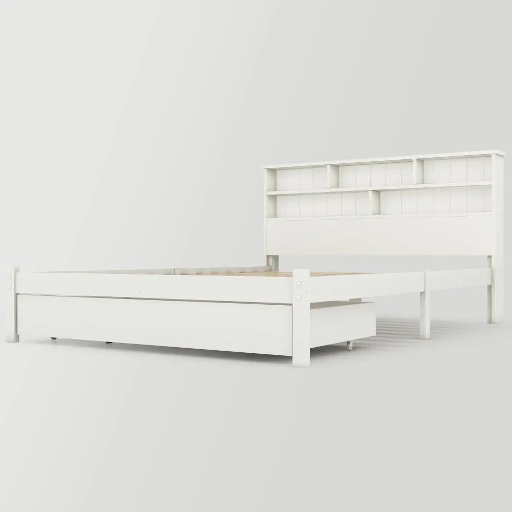 Bed with Shelves — White Wooden Storage Bed with Underbed Drawer, 4ft6 Double (135 x 190cm)