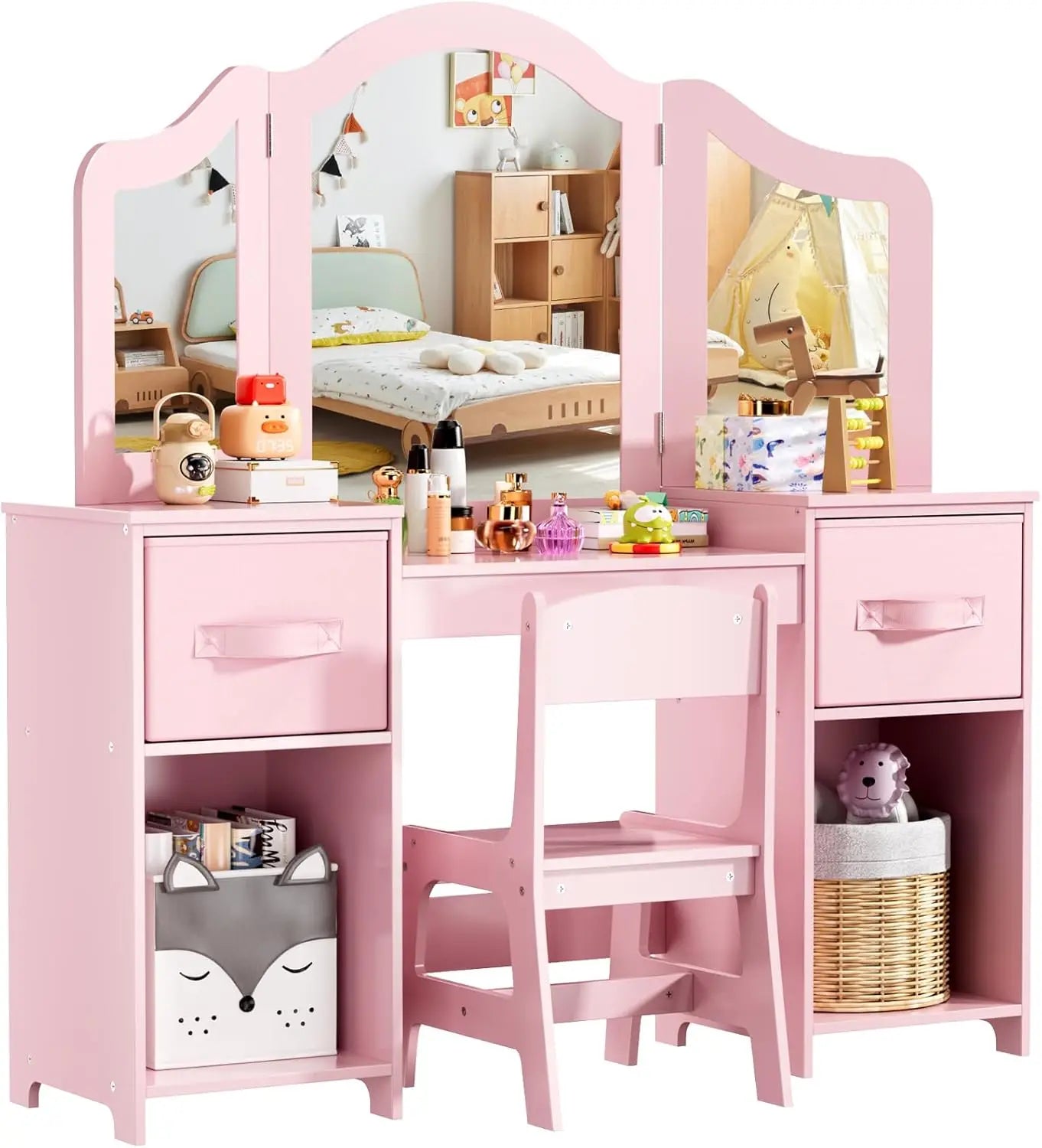 Children's Dressing Table & Chair Set | Girls Vanity Desk with Mirror | Pink