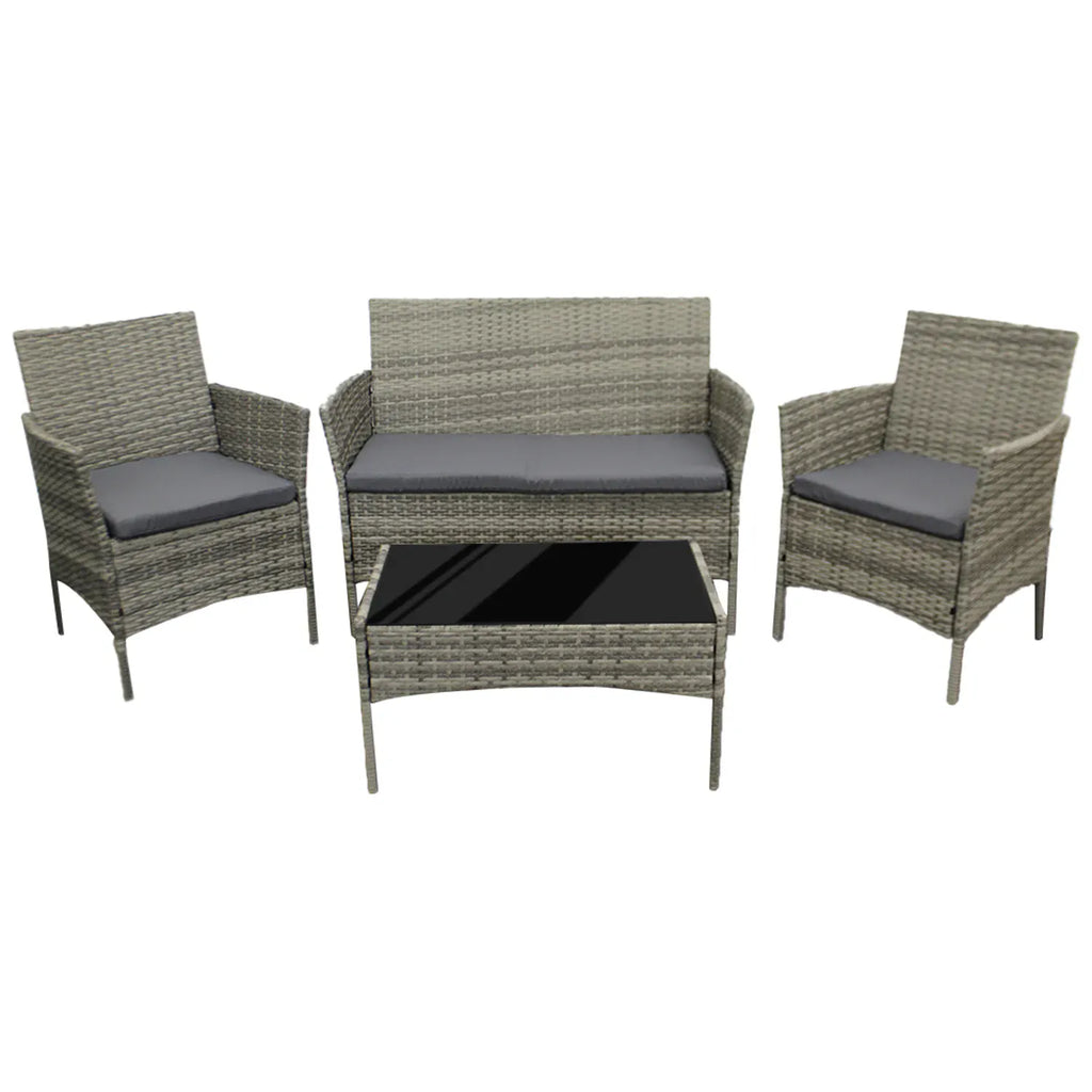 4-Piece Rattan Garden Furniture Set — Sofa, 2 Armchairs & Coffee Table with Cushions