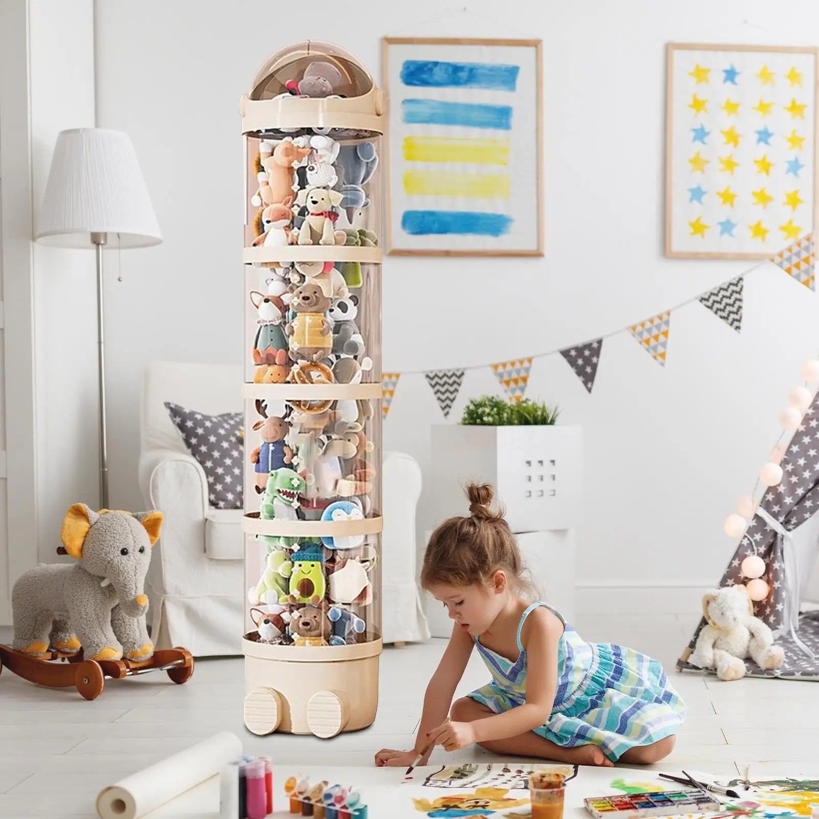 Clear Stuffed Animal Storage Tube | Stackable Toy Organiser | Beige & Pink