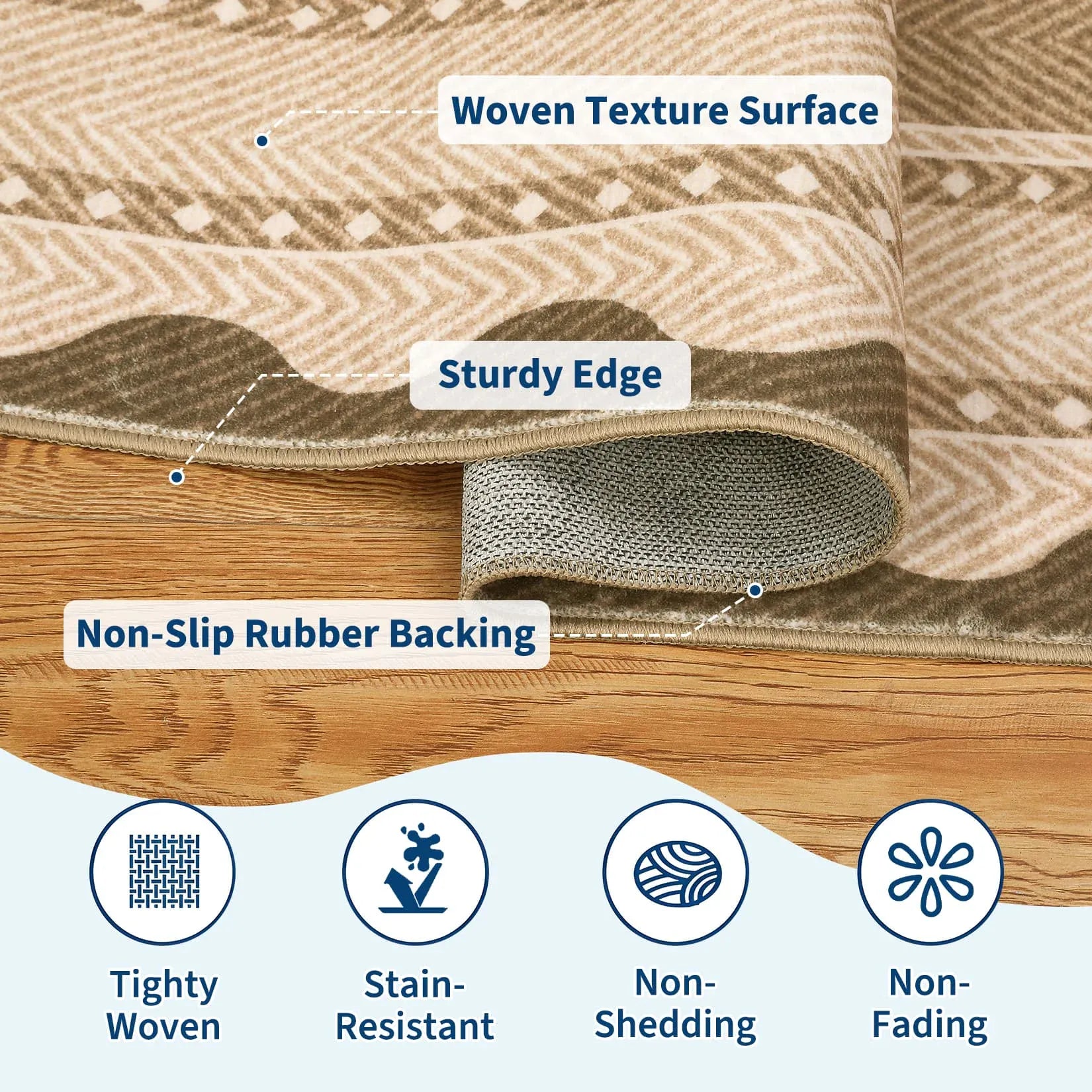 Modern Washable Area Rug — Low Pile, Non-Slip Rubber Backing, Stain Resistant