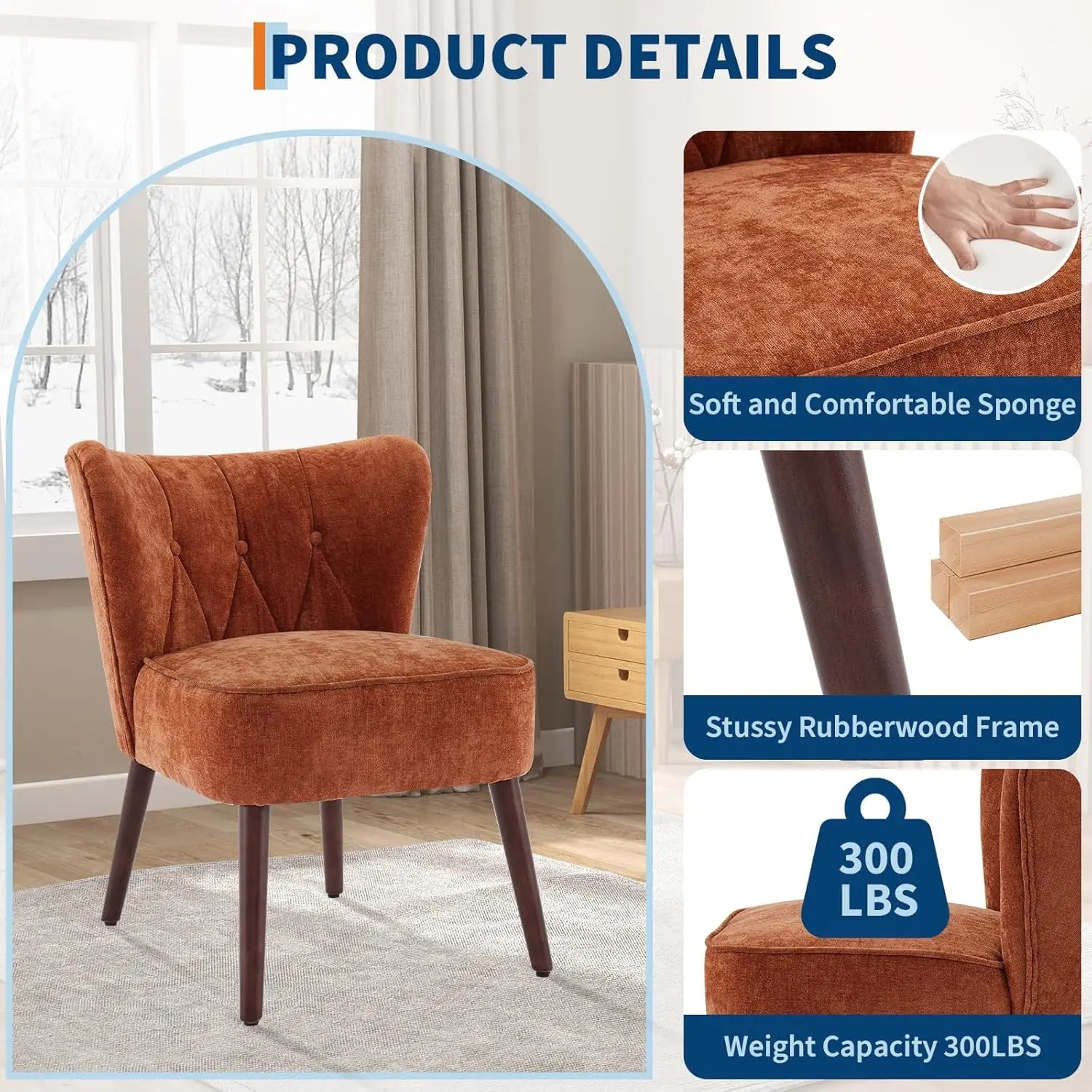 Modern Armless Accent Chair — Tufted Linen Back, Solid Wood Legs, Living Room & Bedroom