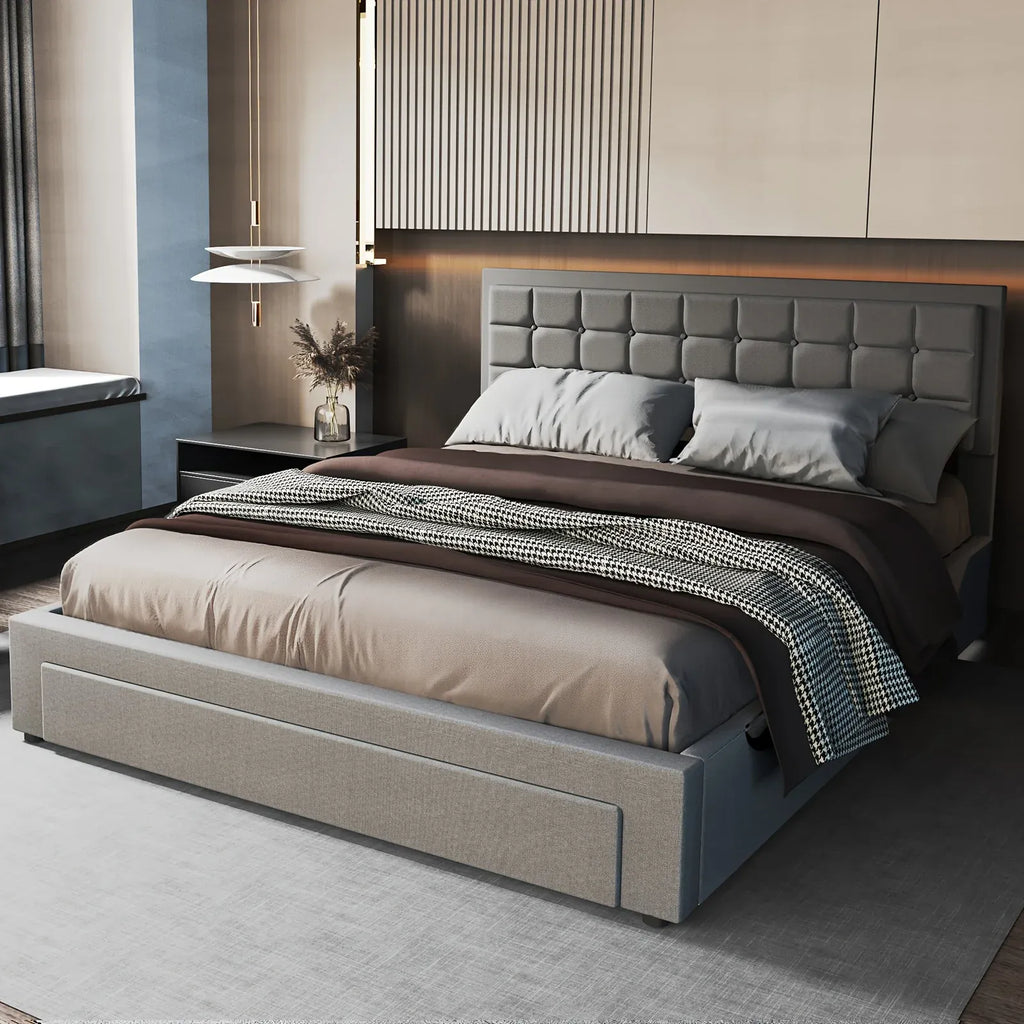 Double Size Ottoman Bed with Storage, Hydraulic Lift Upholstered Bed Frame, Functional Beds with Headboard Storage, No Mattress