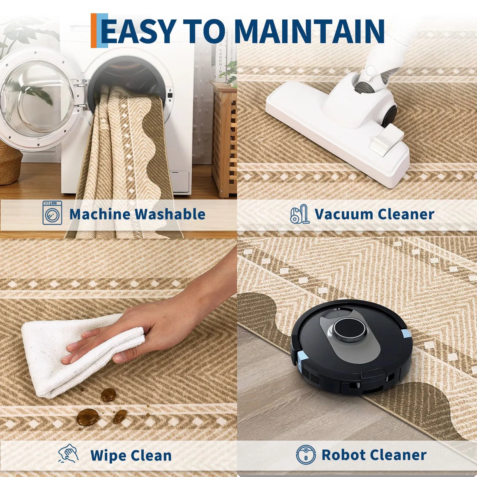 Modern Washable Area Rug — Low Pile, Non-Slip Rubber Backing, Stain Resistant