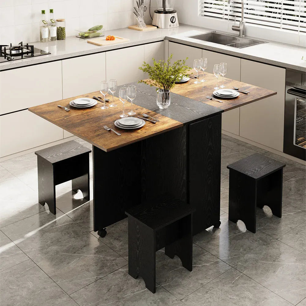 Retro Foldable Dining Table & 4 Stool Set — Wheeled, Space-Saving, Black Brown