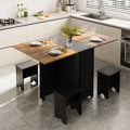 Retro Foldable Dining Table & 4 Stool Set — Wheeled, Space-Saving, Black Brown