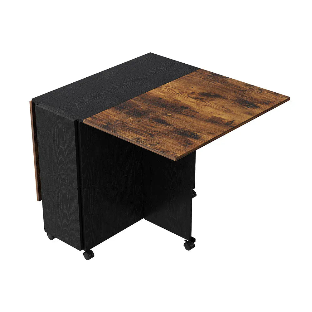 Retro Foldable Dining Table & 4 Stool Set — Wheeled, Space-Saving, Black Brown