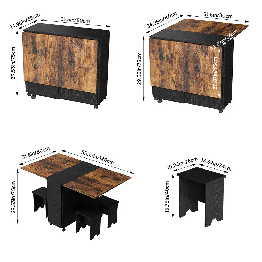 Retro Foldable Dining Table & 4 Stool Set — Wheeled, Space-Saving, Black Brown