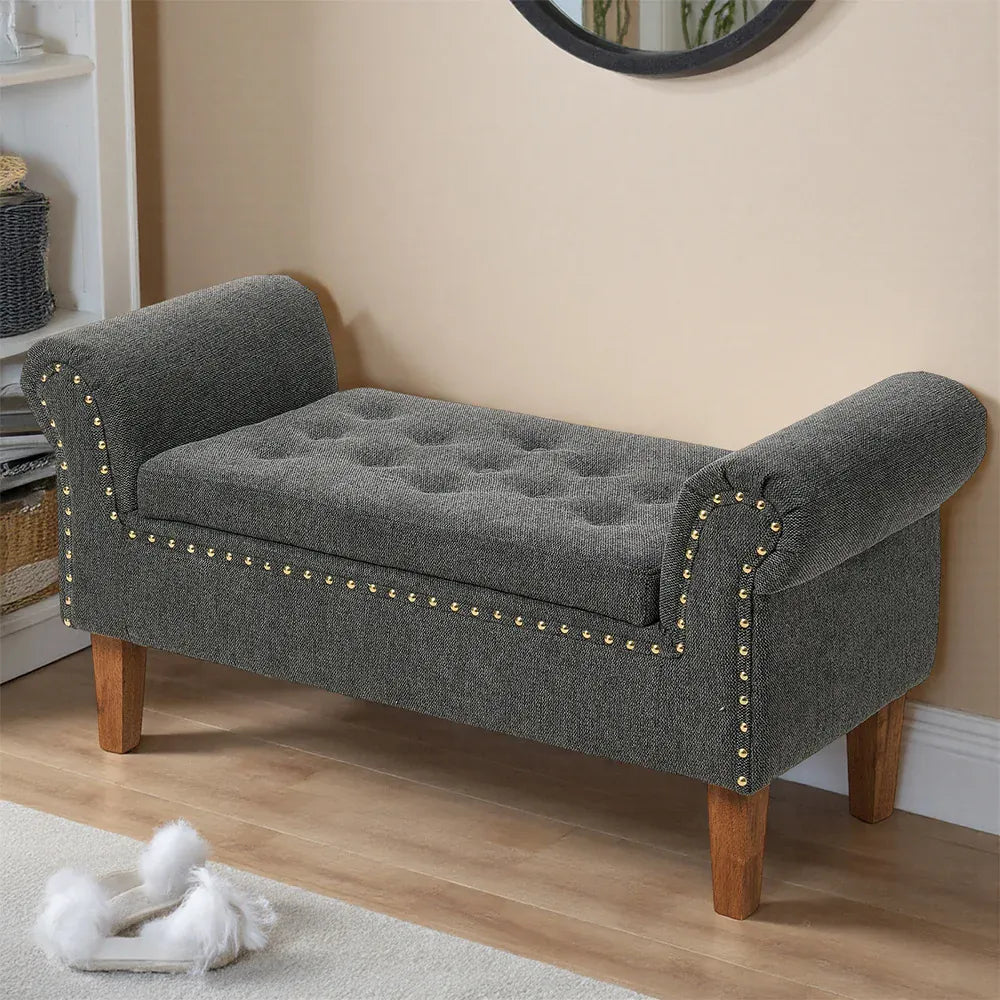 Grey Linen Bed End Bench — Window Seat, Chaise Lounge, Bedroom Stool & Footstool