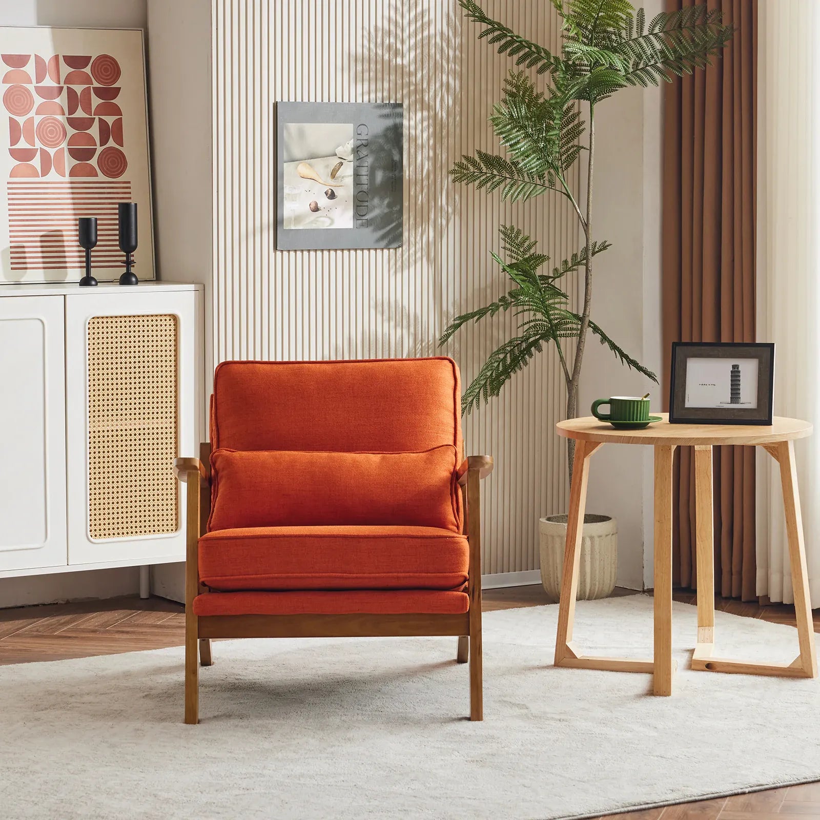 Mid-Century Modern Accent Chair | Oak Wood Frame | Linen-Cotton Upholstery | 4 Colours