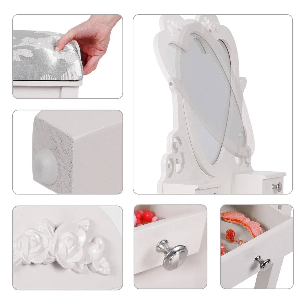 Kids Dressing Table with Heart Mirror & Stool | Girls Vanity Set | Pink & White | Ages 3–9