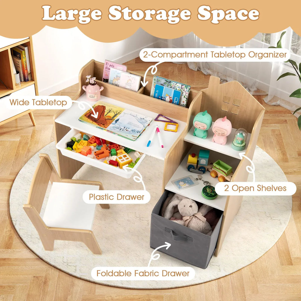 Kids Study Desk & Chair Set with Shelves & Drawer | Natural Wood Style | Ages 3+