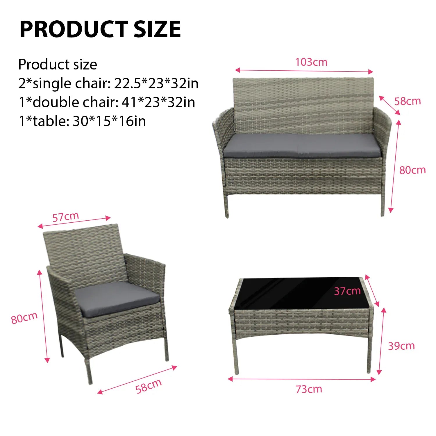 4-Piece Rattan Garden Furniture Set — Sofa, 2 Armchairs & Coffee Table with Cushions
