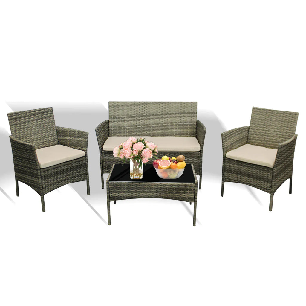 4-Piece Rattan Garden Furniture Set — Sofa, 2 Armchairs & Coffee Table with Cushions