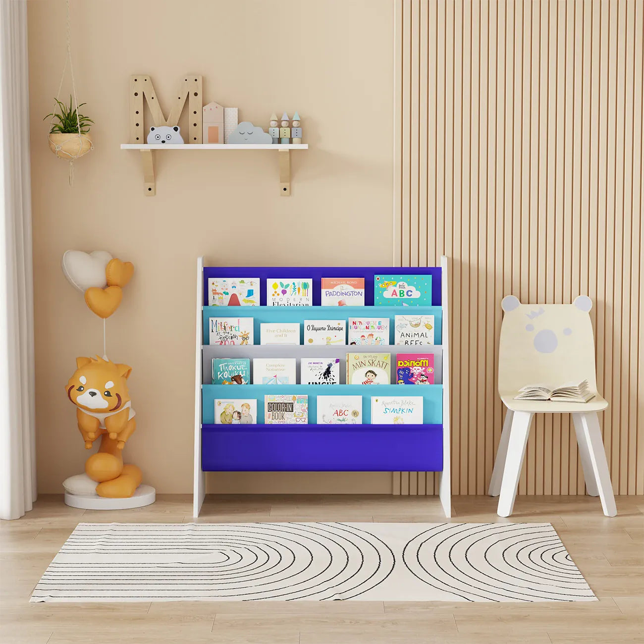 Kids 4-Tier Wooden Sling Bookshelf | Easy-Reach Book Rack | Blue, Green, Yellow & Pink