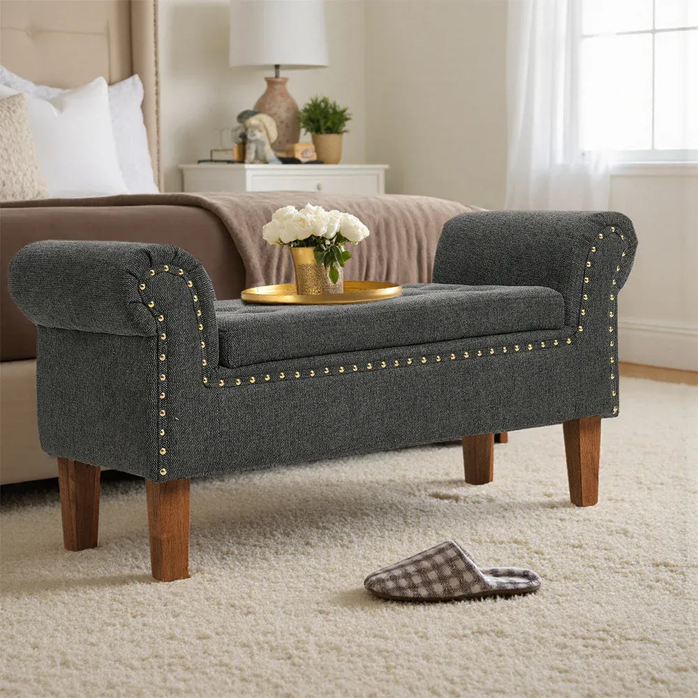 Grey Linen Bed End Bench — Window Seat, Chaise Lounge, Bedroom Stool & Footstool