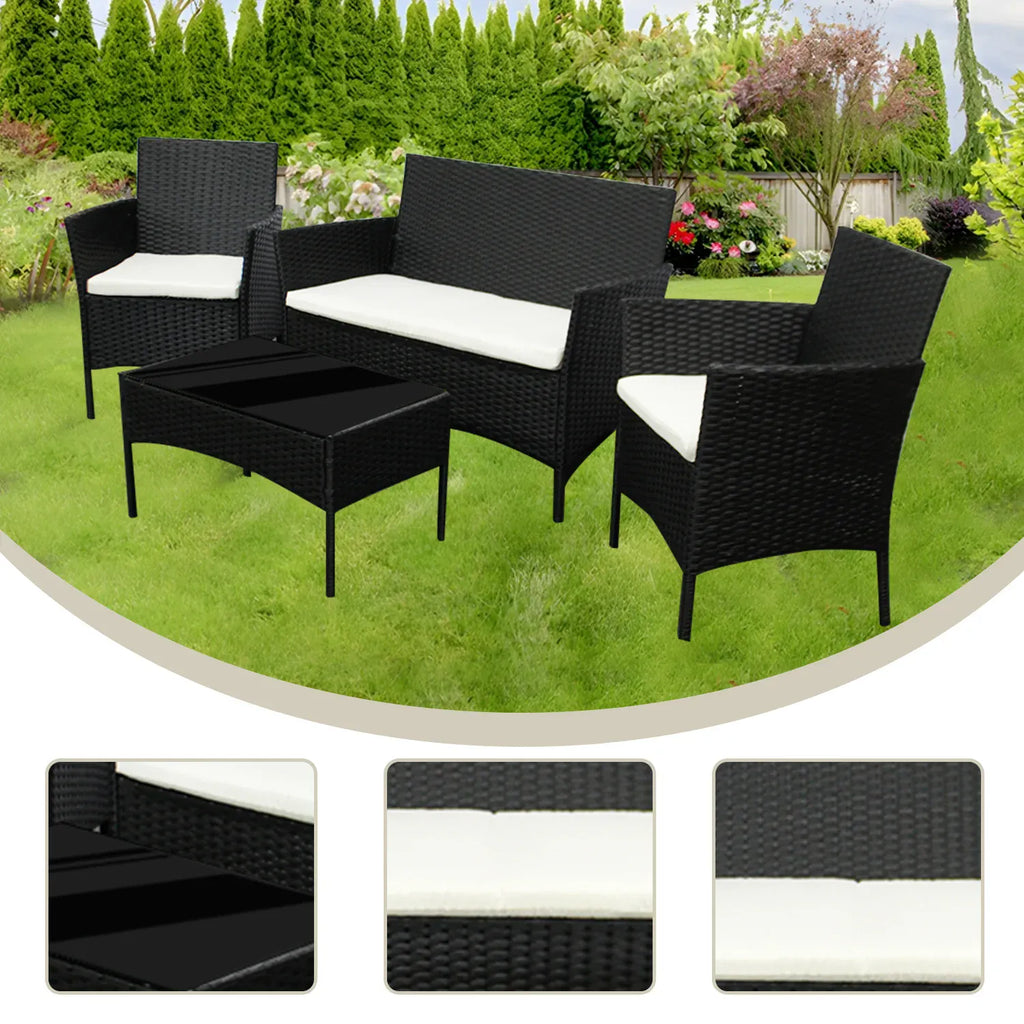 4-Piece Rattan Garden Furniture Set — Sofa, 2 Armchairs & Coffee Table with Cushions