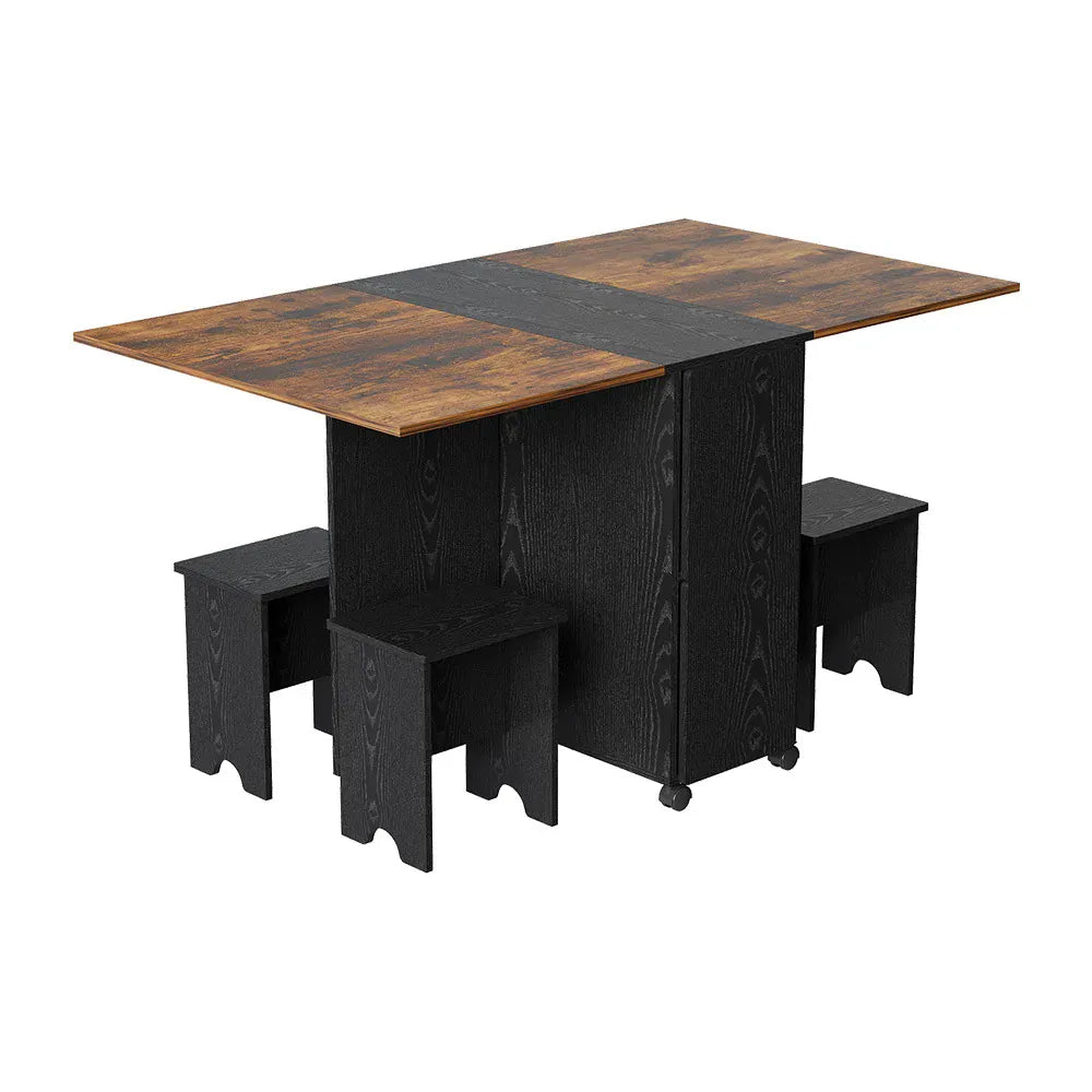 Retro Foldable Dining Table & 4 Stool Set — Wheeled, Space-Saving, Black Brown