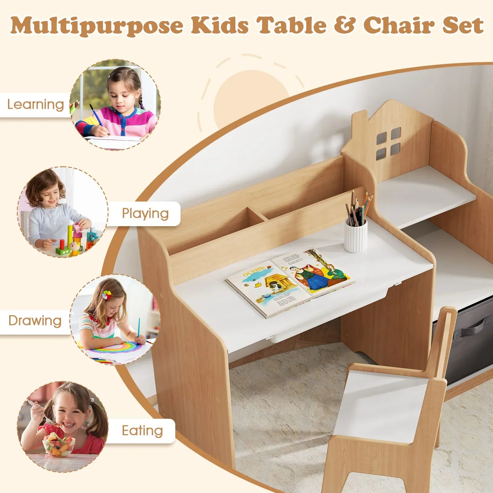 Kids Study Desk & Chair Set with Shelves & Drawer | Natural Wood Style | Ages 3+