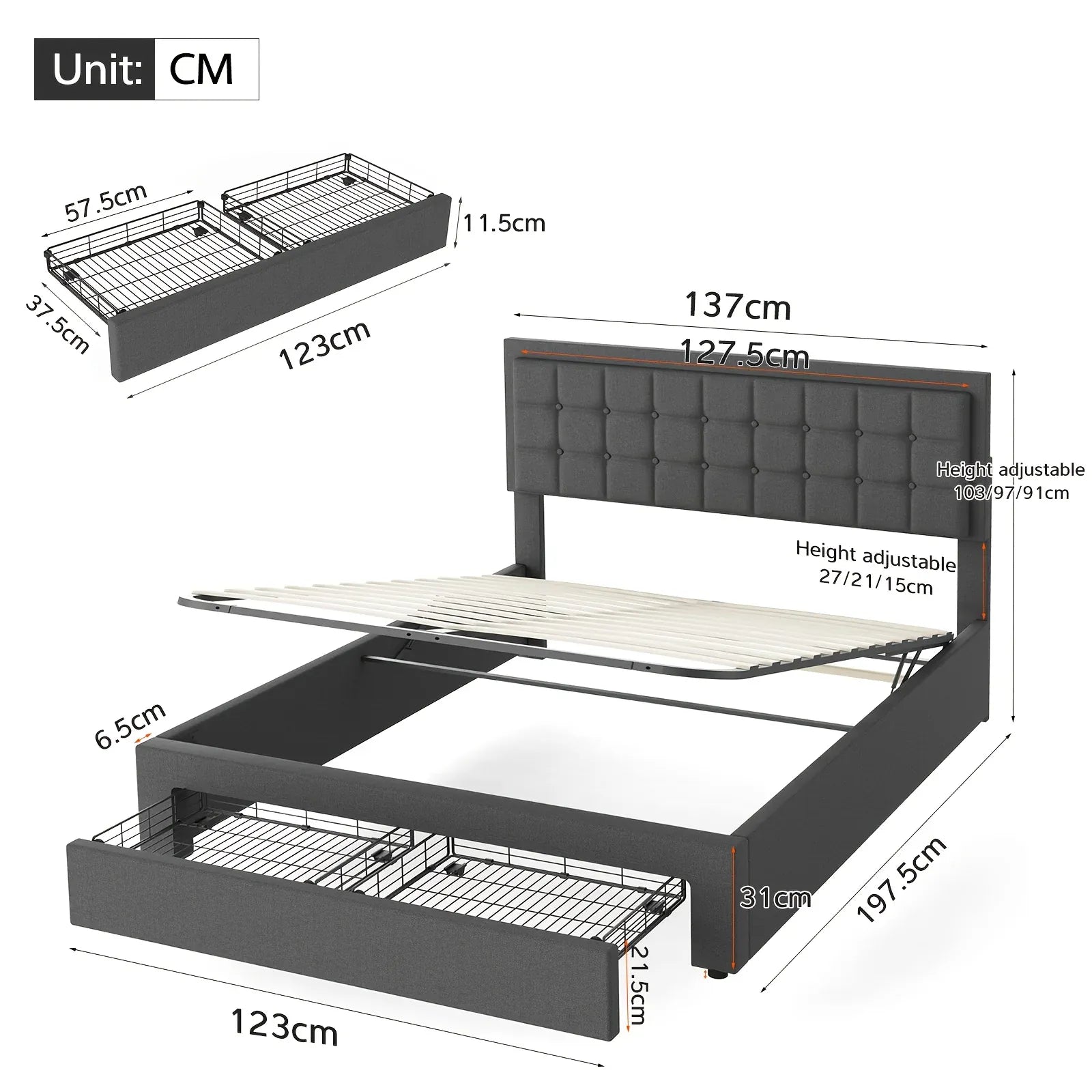 Double Size Ottoman Bed with Storage, Hydraulic Lift Upholstered Bed Frame, Functional Beds with Headboard Storage, No Mattress