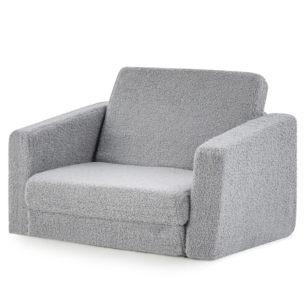 2-in-1 Toddler Fold-Out Sofa & Lounger | Washable Teddy Fleece Cover | Grey