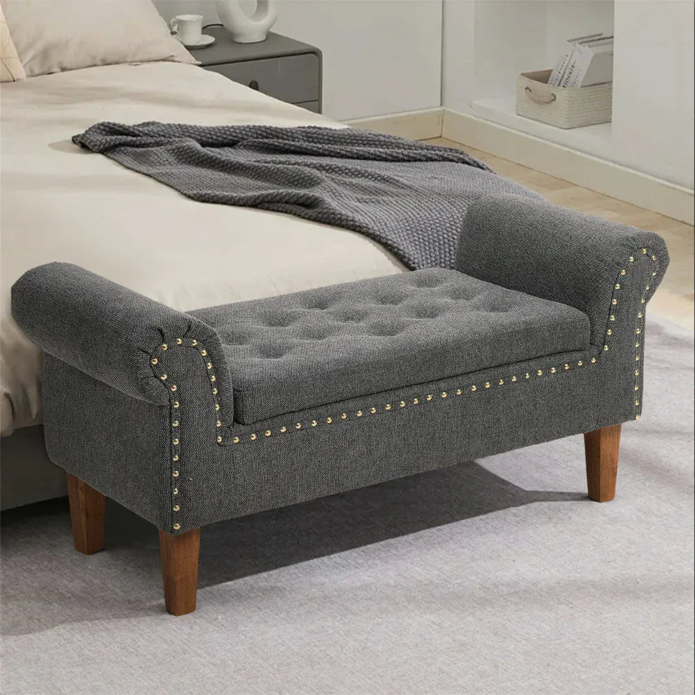 Grey Linen Bed End Bench — Window Seat, Chaise Lounge, Bedroom Stool & Footstool