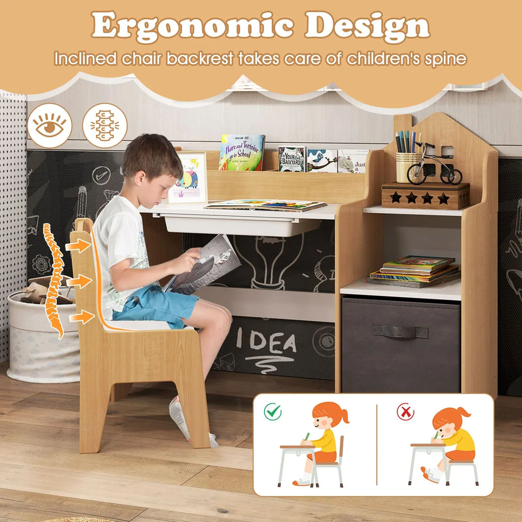 Kids Study Desk & Chair Set with Shelves & Drawer | Natural Wood Style | Ages 3+