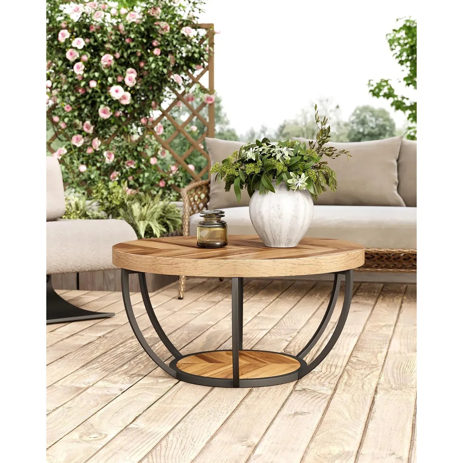 2-Tier Wood Coffee Table with Storage — Industrial Design Living Room Accent Table