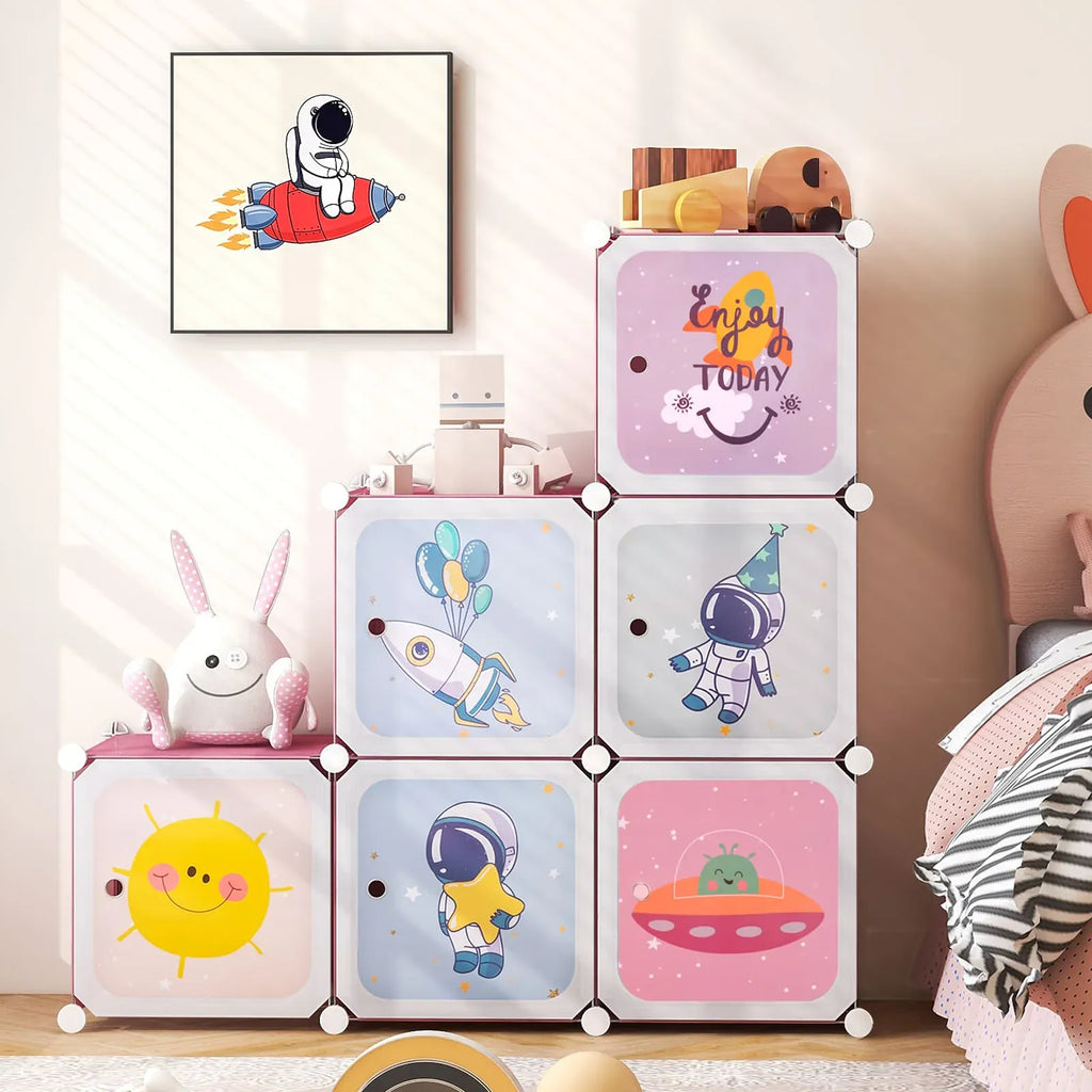 Kids 8-Cube Wardrobe & Storage Organiser | Portable Closet with Hanging Rail | Pink