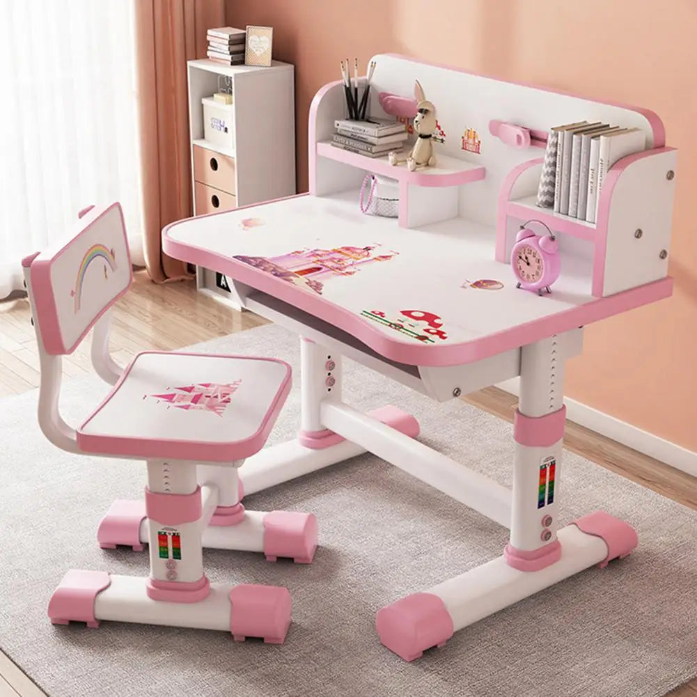 Kids Height-Adjustable Study Desk & Chair Set | Cartoon Design | Pink & Blue | Ages 3–18