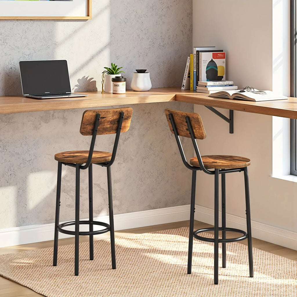 2 Modern Round Bar Stools with Back - Counter Height Bar Chairs Suitable for Kitchen Island, Dining Room, Wood/Metal Frame