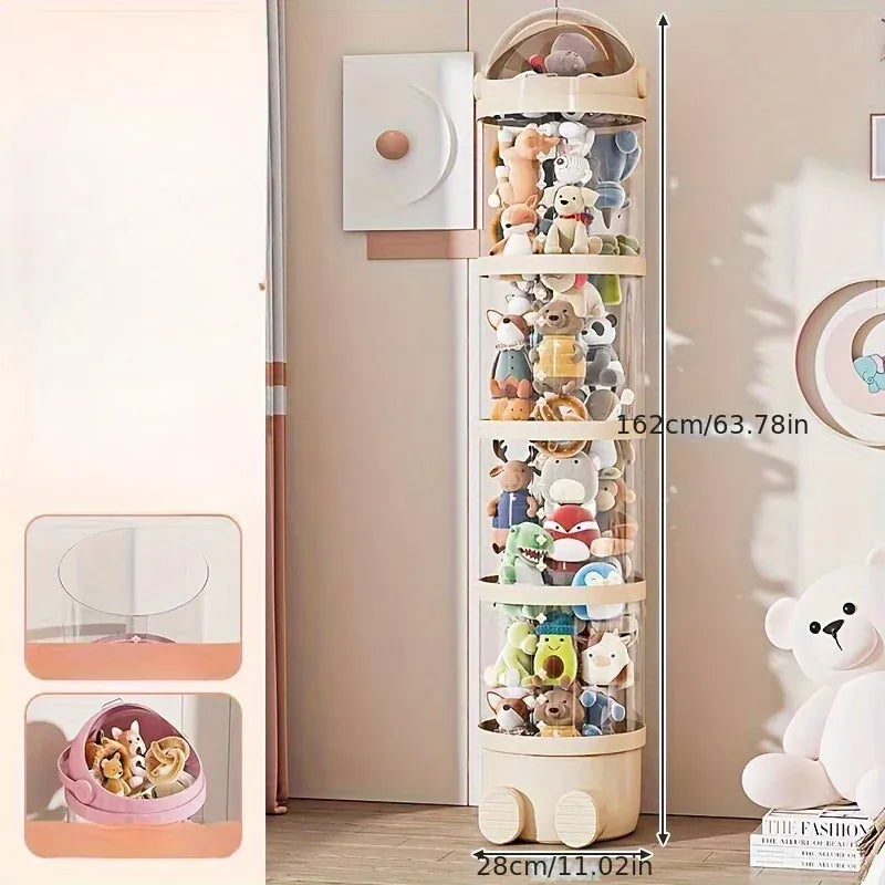 Clear Stuffed Animal Storage Tube | Stackable Toy Organiser | Beige & Pink