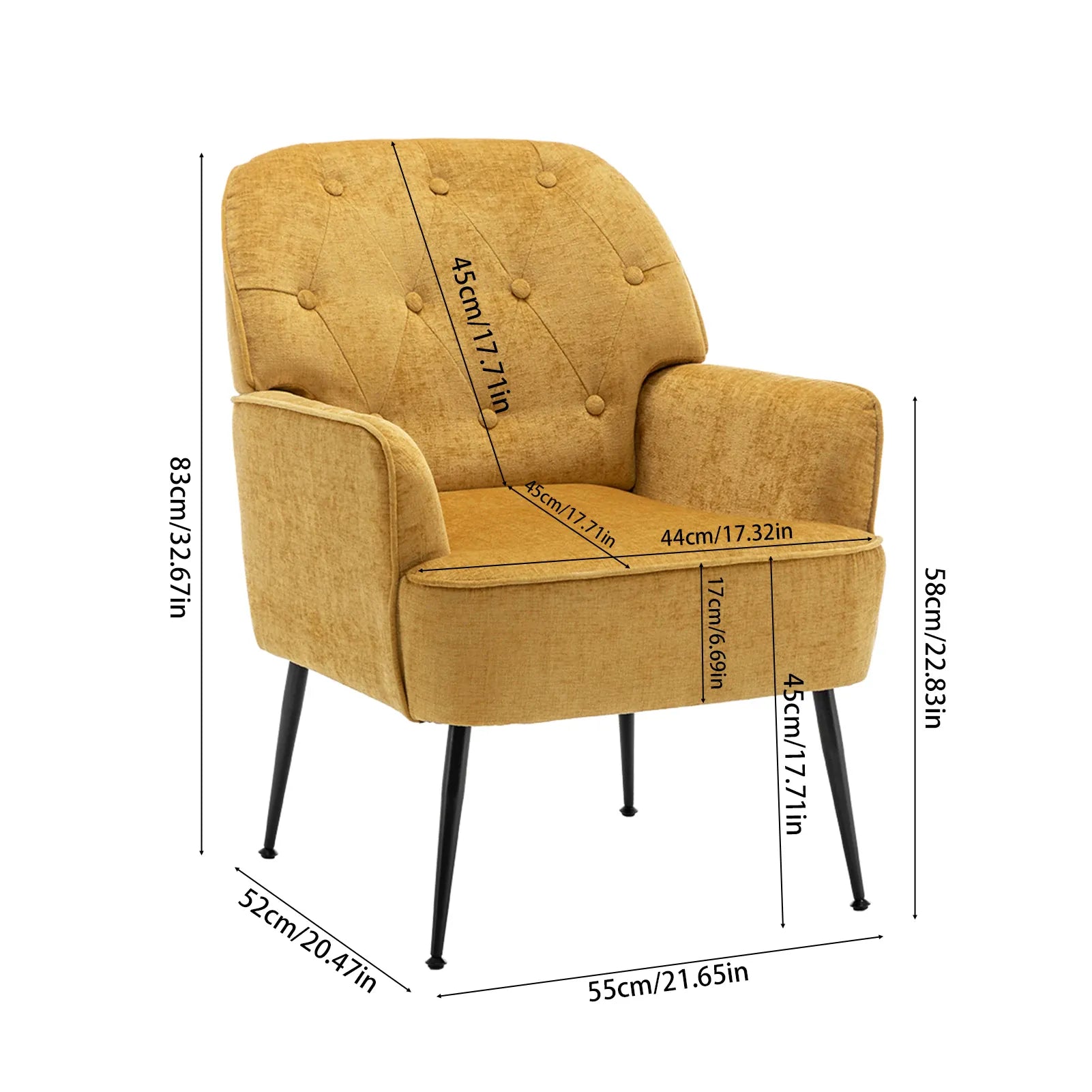 Modern Classic Upholstered Lounge Chair — Chenille Fabric, Button Detail, Grey, Beige or Yellow
