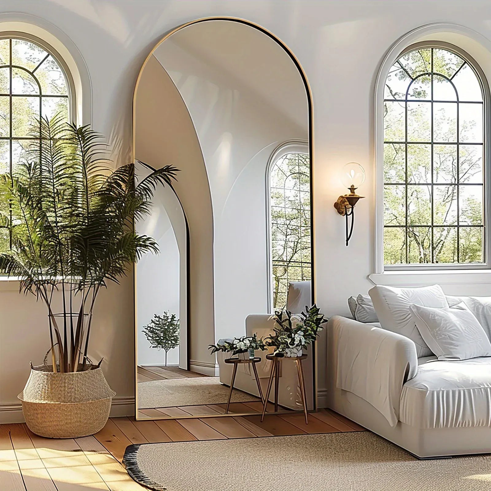 Large Arched Full-Length Mirror — Oversized Floor Standing or Wall Mounted with Polished Glass