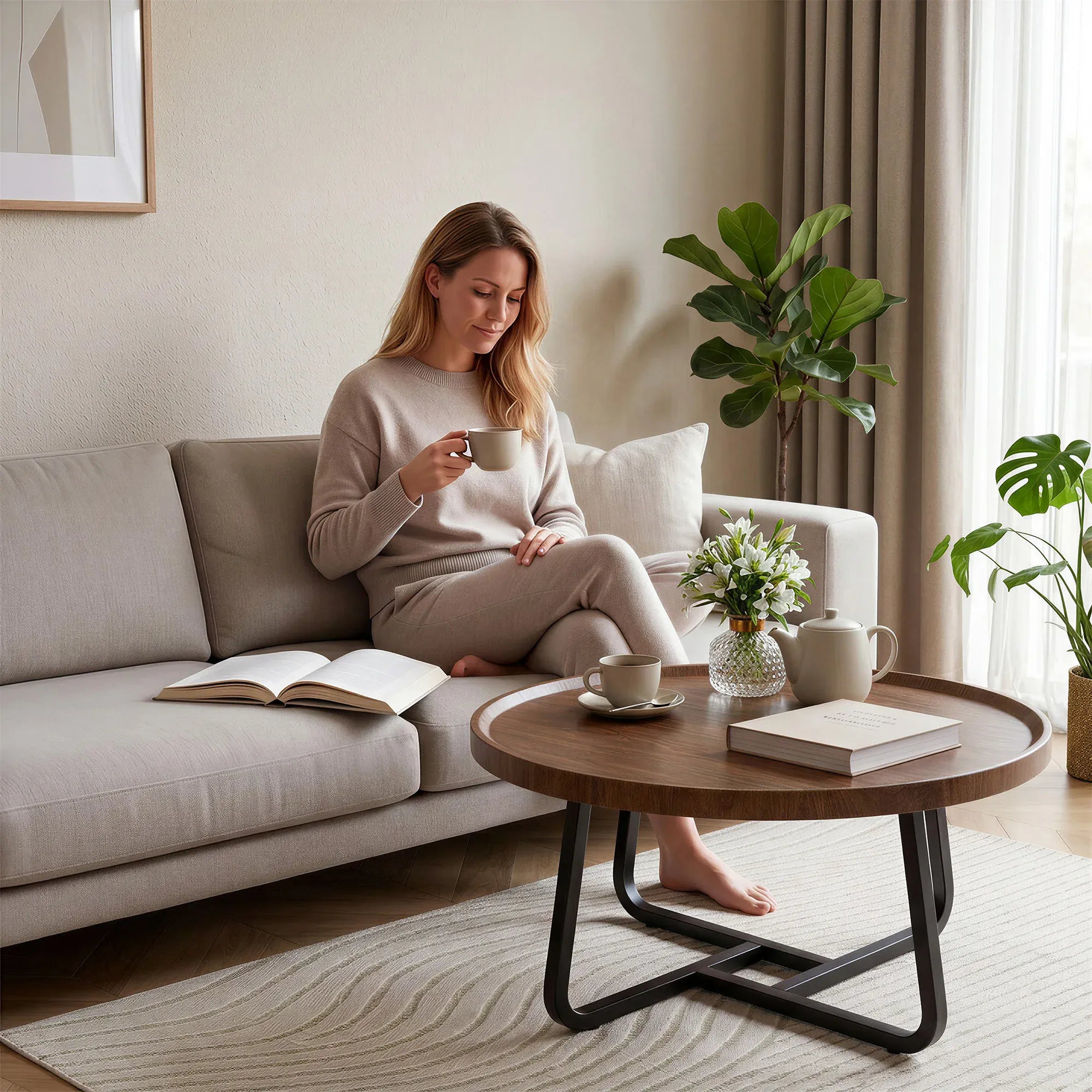 Round Coffee Table — Modern Small Side & End Table with Metal Frame, 50x50x38cm