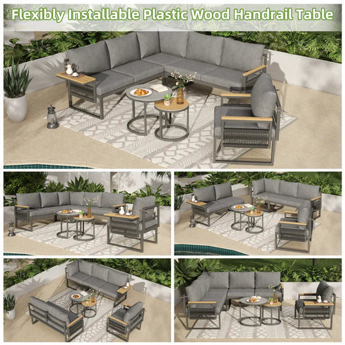 5-6 Seater Garden Furniture Set, Rope Woven Outdoor Corner Sofa with Matching Armchair, 2 Nesting Tempered Glass Coffee Tables