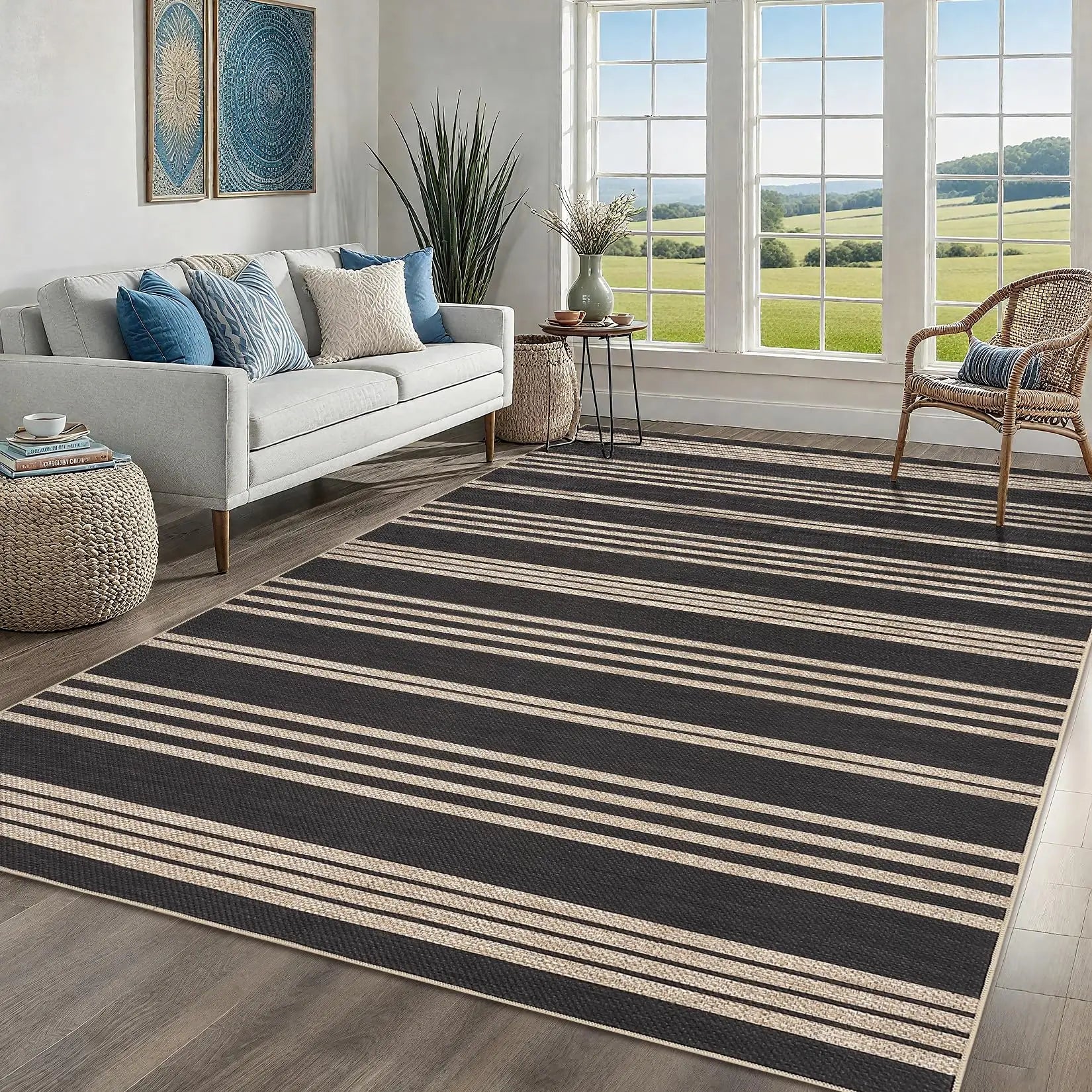 Modern Striped Area Rug — Washable, Ultra-Soft Low Pile with Non-Slip TPR Backing